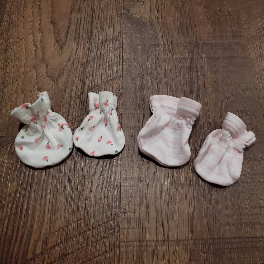2 Burt's Bees Baby Girl Mitts Mittens Infant Striped Floral Organic Cotton Girly